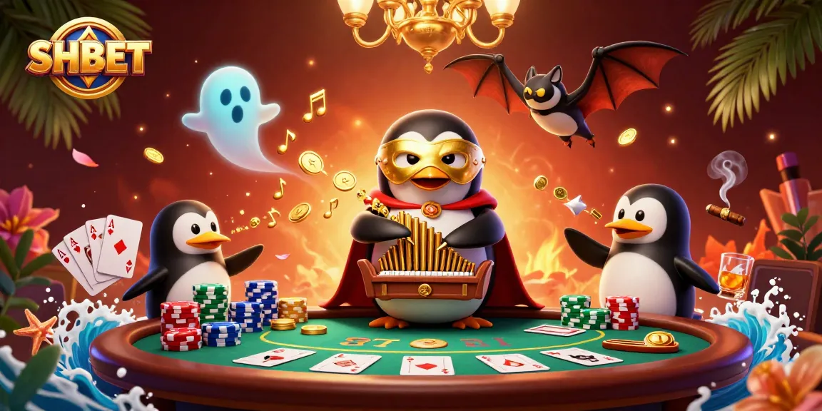 Experience the thrill of betting at SHBET with dramatic 3D casino art featuring a penguin organist and poker elements.
