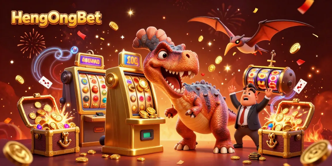 Engage with HengOngBet's dynamic jackpot excitement as a dinosaur celebrates winning golden coins from a slot machine.