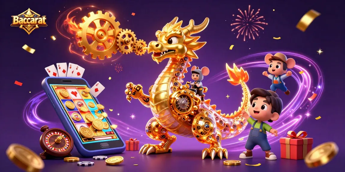 Baccarat game featuring a golden dragon exhaling golden gears and a mouse engineer amidst celebratory casino elements.