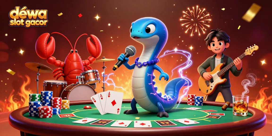 Menghadirkan dewa slot gacor, ilustrasi 3D kasino bawah laut yang dinamis dengan elemen poker dan karakter unik.