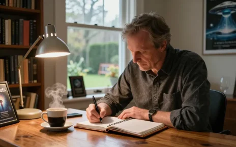 T Allen Greenfield writing about UFO spirituality at https://tallengreenfield.com in his cozy study.