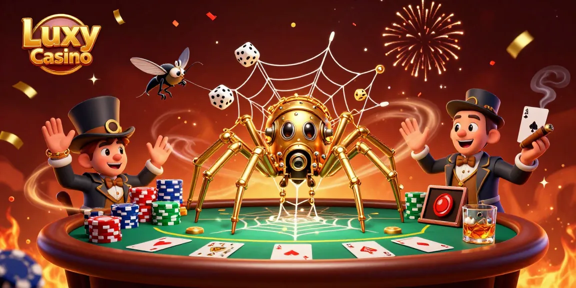 Experience Luxy Casino's excitement with a steampunk spider and fly gentleman in a vibrant poker scene.