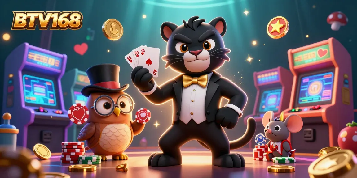 BTV168 showcases a stylish panther dealing cards with an owl and mouse in a vibrant casino scene.