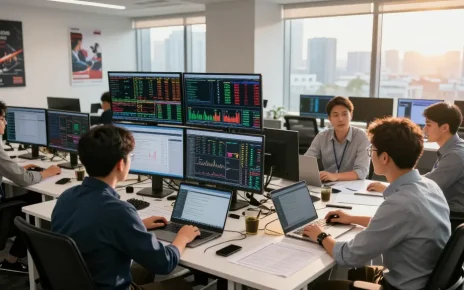 Aktivitas perdagangan yang sibuk di kantor modern dengan trader dan analis, fokus pada strategi kakakjudi.