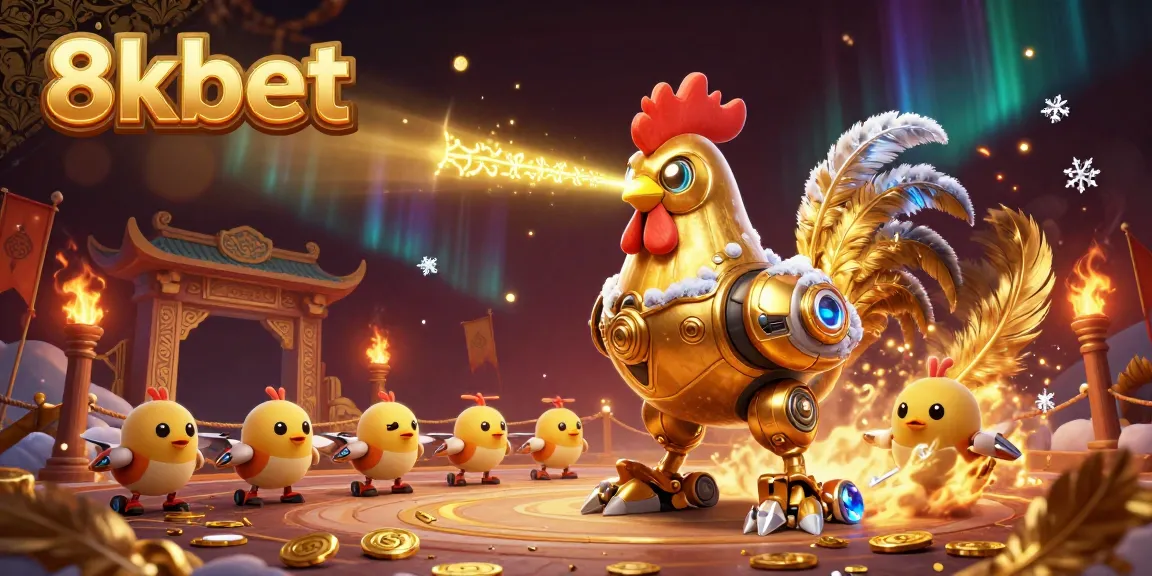 Experience thrilling action with 8xbet's golden rooster robot and baby chick drones in a vibrant casino scene.